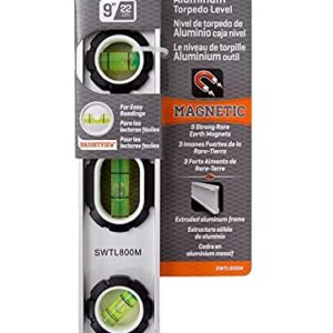 Swanson Tool Co SWTL800M 9 inch Extruded Aluminum Torpedo Level with 3 Rare Earth Magnets and 3 Bubble Vials for 0°/90°/45° Measurements