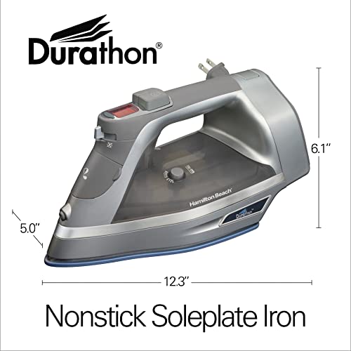 Hamilton Beach Steam Iron & Vertical Steamer for Clothes with Scratch-Resistant Durathon Soleplate, 3-Way Auto Shutoff, Anti-Drip, Digital Temp. Control, 10’ Retractable Cord 1700W, Silver