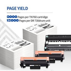 Compatible Toner Cartridge TN760 and Drum Unit DR-730 for Brother MFC-L2710DW MFC-L2730DW MFC-L2750DW DCP-L2550DW HL-L2350DW HL-L2370DW HL-L2390DW Printer, 2 Toner Cartridges, 1 Drum, Black