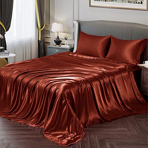 Cotton Home Depot King Size Soft Satin Bed Sheets Burnt Orange Satin Sheet Set, 15" Deep Pocket Fitted Sheet + 1 Flat Sheet + 2 Pillowcases