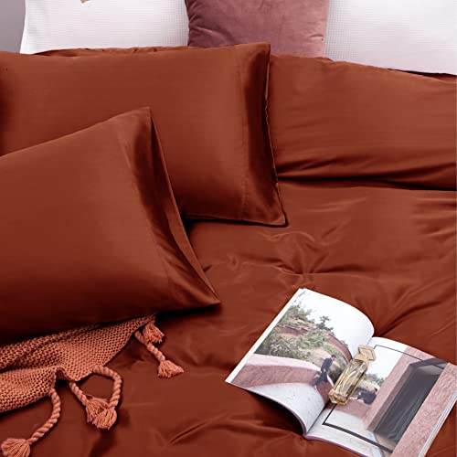 Cotton Home Depot King Size Soft Satin Bed Sheets Burnt Orange Satin Sheet Set, 15" Deep Pocket Fitted Sheet + 1 Flat Sheet + 2 Pillowcases