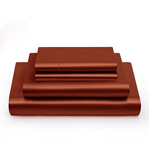 Cotton Home Depot King Size Soft Satin Bed Sheets Burnt Orange Satin Sheet Set, 15" Deep Pocket Fitted Sheet + 1 Flat Sheet + 2 Pillowcases