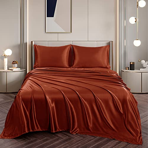 Cotton Home Depot King Size Soft Satin Bed Sheets Burnt Orange Satin Sheet Set, 15" Deep Pocket Fitted Sheet + 1 Flat Sheet + 2 Pillowcases