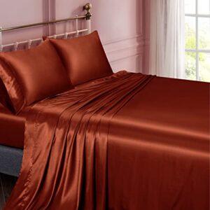 Cotton Home Depot King Size Soft Satin Bed Sheets Burnt Orange Satin Sheet Set, 15" Deep Pocket Fitted Sheet + 1 Flat Sheet + 2 Pillowcases