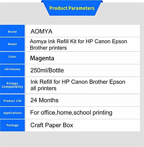 Aomya Ink Refill Kit 250ml Magenta Universal Dye Bulk Ink for Canon HP Epsn Brother Inkjet Printers Refillable Cartridge CISS CIS System (9 oz) with Syringe&Glove