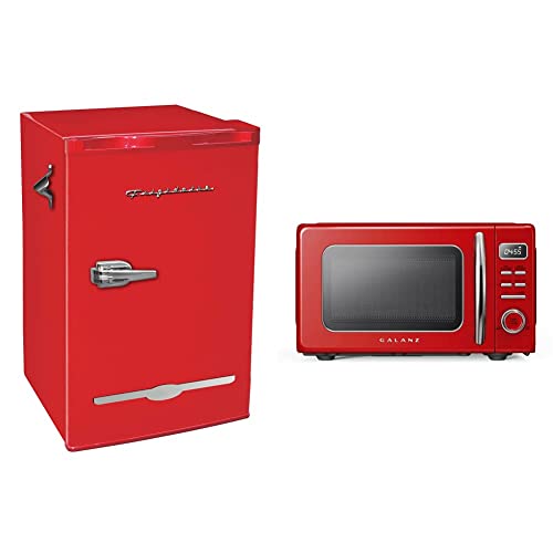 Frigidaire Retro Bar Fridge Refrigerator with Side Bottle Opener, 3.2 cu. ft, Red & Galanz GLCMKZ09RDR09 Retro Countertop Microwave Oven with Auto Cook & Reheat, Defrost, 0.9 cu ft, Red