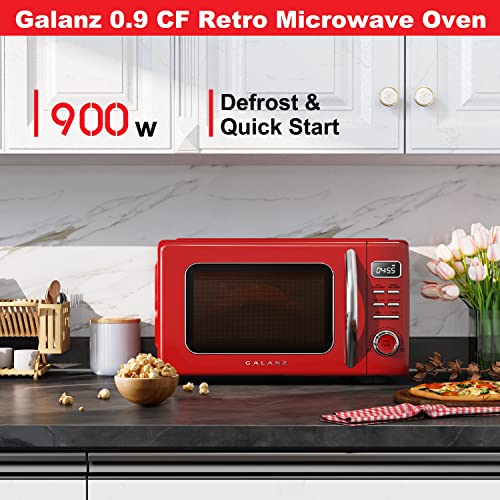 Frigidaire Retro Bar Fridge Refrigerator with Side Bottle Opener, 3.2 cu. ft, Red & Galanz GLCMKZ09RDR09 Retro Countertop Microwave Oven with Auto Cook & Reheat, Defrost, 0.9 cu ft, Red