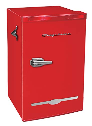 Frigidaire Retro Bar Fridge Refrigerator with Side Bottle Opener, 3.2 cu. ft, Red & Galanz GLCMKZ09RDR09 Retro Countertop Microwave Oven with Auto Cook & Reheat, Defrost, 0.9 cu ft, Red