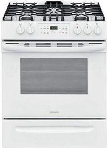 frigidaire ffgh3054uw 30″” slide-in gas range with 5 burners 5 cu. ft. oven capacity self clean and storage drawer in white