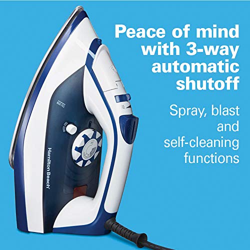 Hamilton Beach Iron & Steamer for Clothes with Smooth Press Stainless Steel Soleplate, 3-Way Auto Shutoff, 1500 Watts for High-Velocity Steam, 10’ Cord, Leak-Proof Anti-Drip, White (14650)