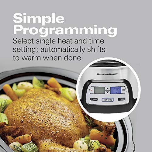 Hamilton Beach 33861 Portable Programmable Slow Cooker, Dishwasher Safe Crock, 6 Qt, FlexCook Dual Digital Timer/2 Heat Settings, Lid Lock for Easy Travel, Silver