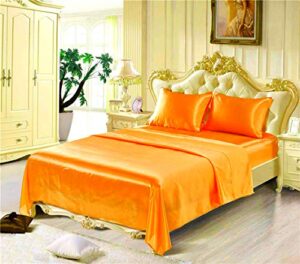 cotton home depot ultra soft silky satin 4 piece sheet set ( flat sheet + fitted sheet 17″ deep pocket + 2 pillow cases ) orange queen