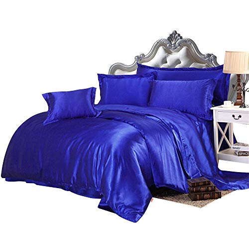 Cotton Home Depot Super Soft Silk Like Satin 5 Piece Bedding Royal Blue Duvet Cover Set (Duvet Cover + 4 Pillow Cases) Zipper Closure Soft Breathable Queen