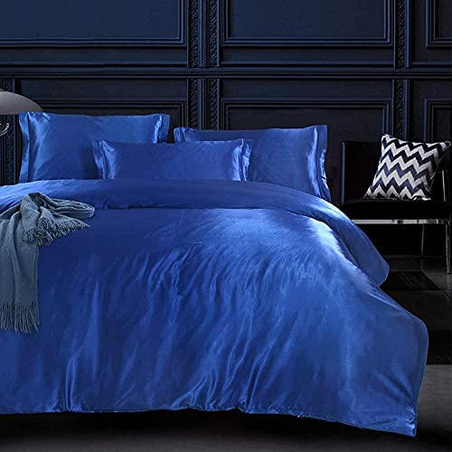 Cotton Home Depot Super Soft Silk Like Satin 5 Piece Bedding Royal Blue Duvet Cover Set (Duvet Cover + 4 Pillow Cases) Zipper Closure Soft Breathable Queen