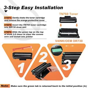 v4ink Compatible DR-730 Drum and TN-760 Toner Cartridge Set Replacement for Brother DR730 TN760 TN730 for use with HL L2325DW L2350DW L2370DW MFC L2690DW L2710DW L2717DW (1 DR730 Drum+ 4 TN760 Toner)