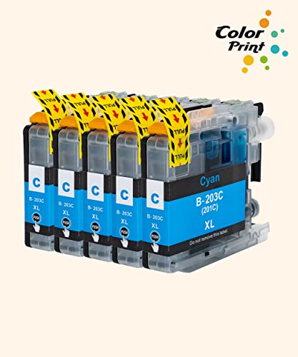 (5-Pack, 5xCyan) ColorPrint Compatible LC203XL Ink Cartridge Replacement for Brother LC203 XL LC-203XL fit for MFC-J4420DW MFC-J4620DW MFC-J5520DW MFC-J5620DW MFC-J5720DW MFC-J480DW MFC-J880DW Printer