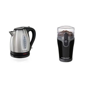 hamilton beach electric tea kettle, water boiler & heater, 1.7 l, stainless steel (40880) & fresh grind electric coffee grinder for beans, spices and more, makes up to 12 cups, black