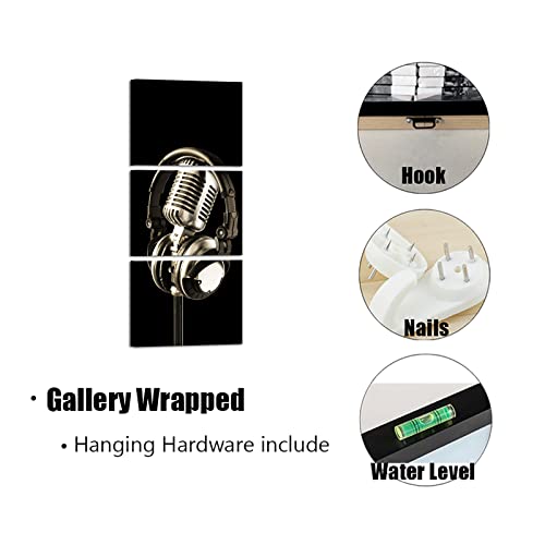 SiMiWOW 3 Piece Music Canvas Prints Black and White Headphone and Microphone Musical Picture Music Classroom Studio Decor Picture Framed Gallery Wrap