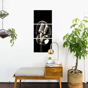 SiMiWOW 3 Piece Music Canvas Prints Black and White Headphone and Microphone Musical Picture Music Classroom Studio Decor Picture Framed Gallery Wrap