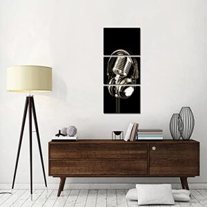 SiMiWOW 3 Piece Music Canvas Prints Black and White Headphone and Microphone Musical Picture Music Classroom Studio Decor Picture Framed Gallery Wrap