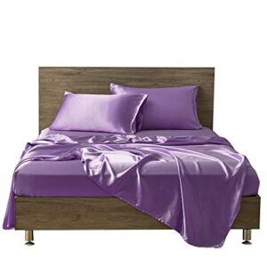 smooth luxurious silk like satin lilac king 4 piece sheet set ( flat sheet + fitted 15″ + 2 pillowcases ) easy fit – breathable & cooling sheets – wrinkle free