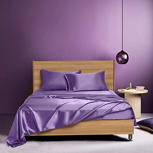 Smooth Luxurious Silk Like Satin Lilac King 4 Piece Sheet Set ( Flat Sheet + Fitted 15" + 2 Pillowcases ) Easy Fit - Breathable & Cooling Sheets - Wrinkle Free