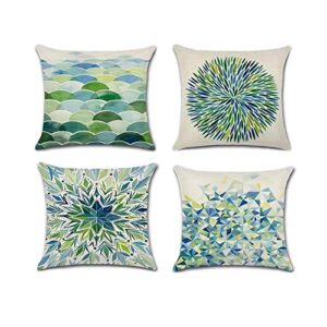 holiday depot set of 4 pillow covers 18×18, modern geometric green pattern style, cotton linen fabric decorative indoor/outdoor throw pillow case set 45x45cm