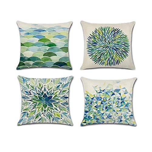 Holiday Depot Set of 4 Pillow Covers 18x18, Modern Geometric Green Pattern Style, Cotton Linen Fabric Decorative Indoor/Outdoor Throw Pillow Case Set 45x45cm