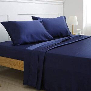 cotton home depot ultra soft silky satin 4 piece sheet set ( flat sheet + fitted sheet 16″ deep pocket + 2 pillow cases ) navy blue oversized queen