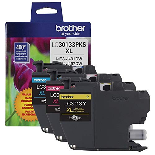 Brother Printer Genuine LC30133PKS 3-Pack High Yield Color Ink Cartridges, Page Yield Up to 400 Pages/Cartridge, Includes Cyan, Magenta and Yellow, LC3013, Pack of 4