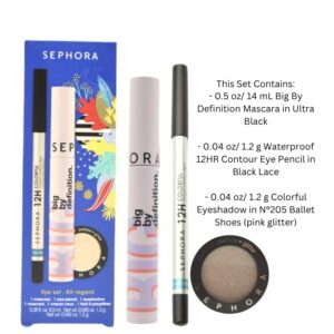 Sephora Collection Wishing You Eye Makeup Holiday Gift Set:: Big By Definition Mascara in Ultra Black, Waterproof 12HR Contour Eye Pencil in Black Lace, and Colorful Eyeshadow in N°205 Ballet Shoes (Pink Glitter)