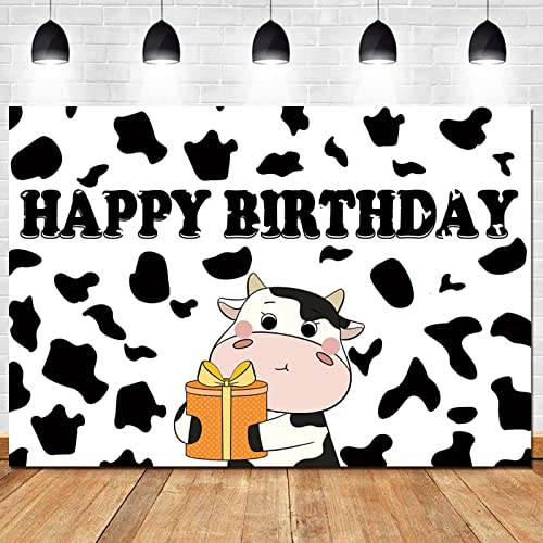 Cartoon Cow Happy Birthday Photography Backdrops Black and White Cow Figure Photo Background for Kid's Birthday Party Decor Newborn Baby Shower Banner Props Supplies 5×3FT