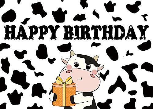 Cartoon Cow Happy Birthday Photography Backdrops Black and White Cow Figure Photo Background for Kid's Birthday Party Decor Newborn Baby Shower Banner Props Supplies 5×3FT