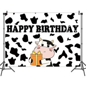 Cartoon Cow Happy Birthday Photography Backdrops Black and White Cow Figure Photo Background for Kid's Birthday Party Decor Newborn Baby Shower Banner Props Supplies 5×3FT