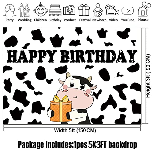 Cartoon Cow Happy Birthday Photography Backdrops Black and White Cow Figure Photo Background for Kid's Birthday Party Decor Newborn Baby Shower Banner Props Supplies 5×3FT