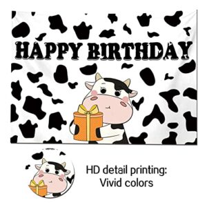 Cartoon Cow Happy Birthday Photography Backdrops Black and White Cow Figure Photo Background for Kid's Birthday Party Decor Newborn Baby Shower Banner Props Supplies 5×3FT