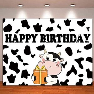 Cartoon Cow Happy Birthday Photography Backdrops Black and White Cow Figure Photo Background for Kid's Birthday Party Decor Newborn Baby Shower Banner Props Supplies 5×3FT