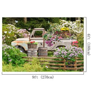 Lofaris Spring Truck Flower Backdrop Natural Garden Countryside Scenery Photography Background Child Kid Birthday Party Decor Portrait Photo Studio Props 9x6ft