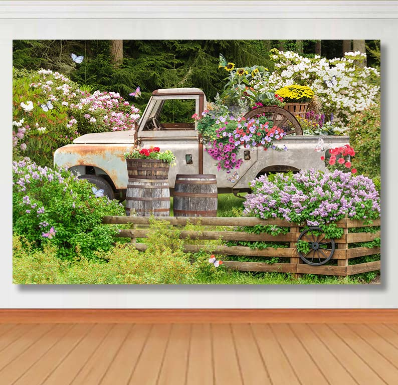 Lofaris Spring Truck Flower Backdrop Natural Garden Countryside Scenery Photography Background Child Kid Birthday Party Decor Portrait Photo Studio Props 9x6ft