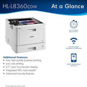 Brother HL-L8360CDW Color Laser Printer, Wireless Networking, Automatic Duplex Printing, Mobile & Cloud Print, 33 ppm, Up to 2400 x 600 dpi, 2.7” Color Touchscreen, Ethernet, Lanbertent Printer Cable