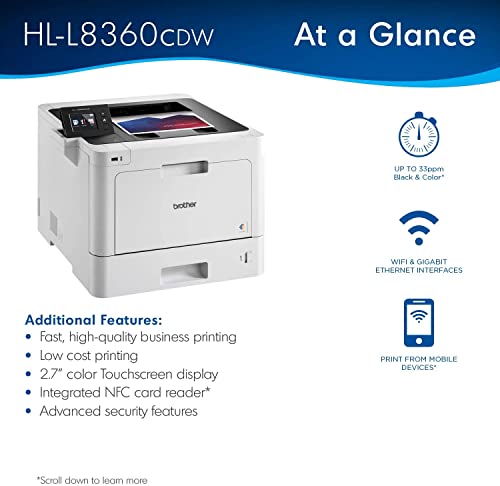 Brother HL-L8360CDW Color Laser Printer, Wireless Networking, Automatic Duplex Printing, Mobile & Cloud Print, 33 ppm, Up to 2400 x 600 dpi, 2.7” Color Touchscreen, Ethernet, Lanbertent Printer Cable