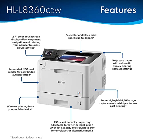 Brother HL-L8360CDW Color Laser Printer, Wireless Networking, Automatic Duplex Printing, Mobile & Cloud Print, 33 ppm, Up to 2400 x 600 dpi, 2.7” Color Touchscreen, Ethernet, Lanbertent Printer Cable