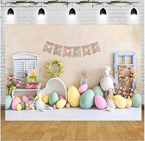 Spring Easter Wood Door Photography Background Flower Bunny Egg Kid Birthday Party Portrait Decor Backdrop Photo Studio Vinyl (5ft×3ft)