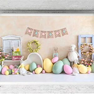 Spring Easter Wood Door Photography Background Flower Bunny Egg Kid Birthday Party Portrait Decor Backdrop Photo Studio Vinyl (5ft×3ft)