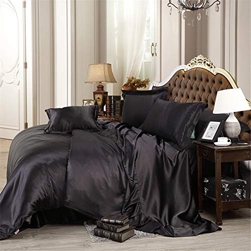 Cotton Home Depot -100% Pure Silk Satin Sheet Set 6pcs, Silk Fitted Sheet 15" Deep Pocket,Silk Flat Sheet,Silk Duvet Cover & Pillowcases Set !!! Size King ,Black