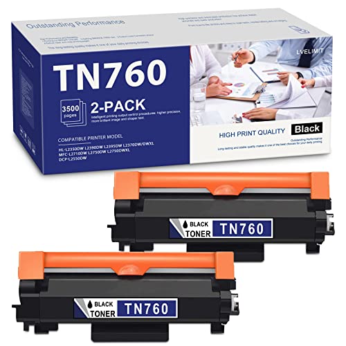 LVELIMIT TN760 High Yield Toner Cartridge Compatible TN-760 Replacement for Brother TN760 HL-L2350DW L2390DW L2395DW L2370DW/DWXL DCP-L2550DW MFC-L2710DW L2750DW L2750DWXL Printer, 2 Pack Black