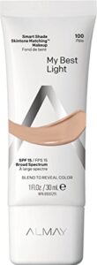 skintone matching foundation by almay, smart shade face makeup, hypoallergenic, oil free, fragrance free, dermatologist tested with spf 15, my best light, 1 oz
