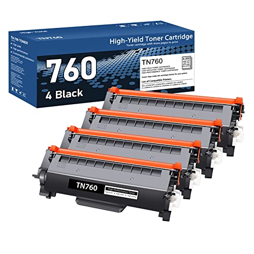 TN760 High Yield Black Toner Cartridge, TN-760 Toner, Page Yield Up to 4,000 Pages, 4 Pack, Replacement for Brother MFC-L2710DW MFC-L2750DW HL-L2370DW HL-L2395DW HL-L2350DW DCP-L2550DW Printer Toner