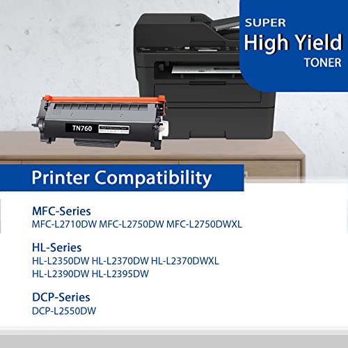 TN760 High Yield Black Toner Cartridge, TN-760 Toner, Page Yield Up to 4,000 Pages, 4 Pack, Replacement for Brother MFC-L2710DW MFC-L2750DW HL-L2370DW HL-L2395DW HL-L2350DW DCP-L2550DW Printer Toner