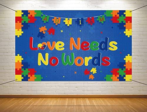 Nepnuser Love Needs No Words Photo Booth Backdrop Puzzle Piece April Autism Awareness Decoration Indoor Outdoor Wall Decor-5.9×3.6ft